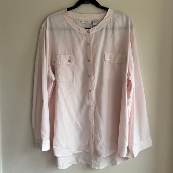 Chico's Sheer Top Tunic Soft Pink Button Down High-Low Hem Long Sleeve Sz 4/XXL - Picture 1 of 5